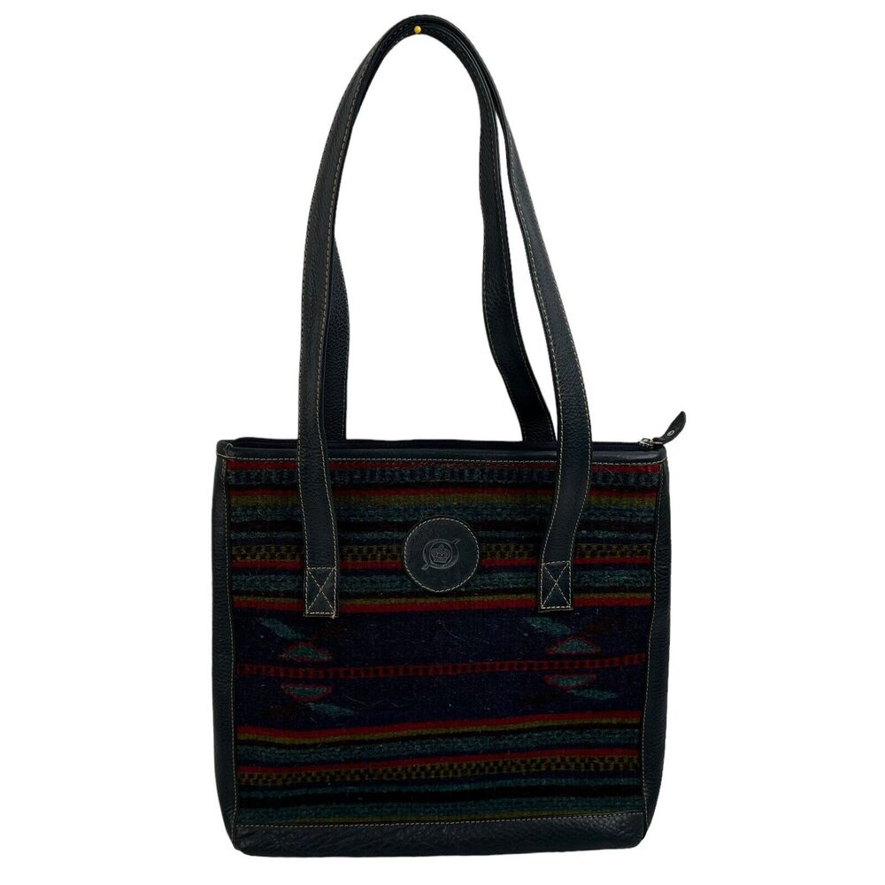 BORN Southwestern Aztec Tote Boho Wool‎ Leather Shopper Blanket Bag Navy